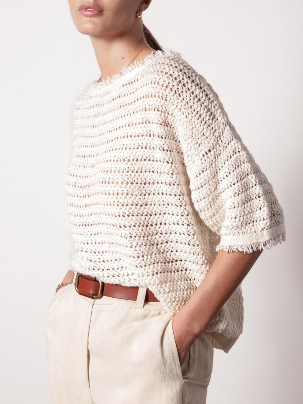 Brochu Walker Simi Fringe Pullover Cream Short-Sleeve Linen Sweater - Picture 2 of 14